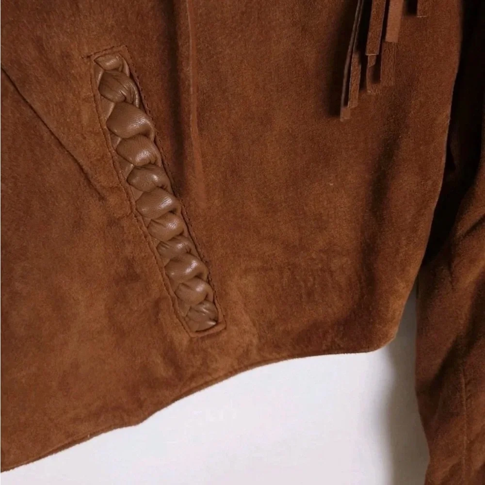 Vintage Diamond Leathers Size Large Brown Genuine Leather Fringe Snap-Up Jacket - Picture 3 of 9